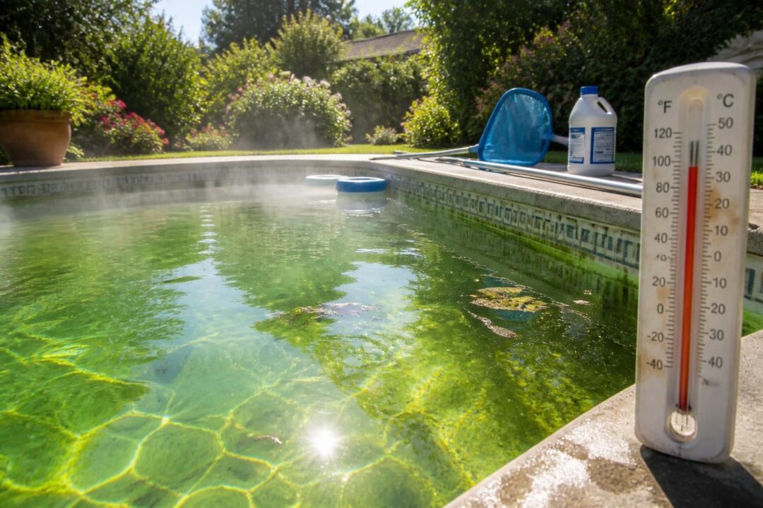 Eau de piscine trop chaude en été : risques, algues et solutions