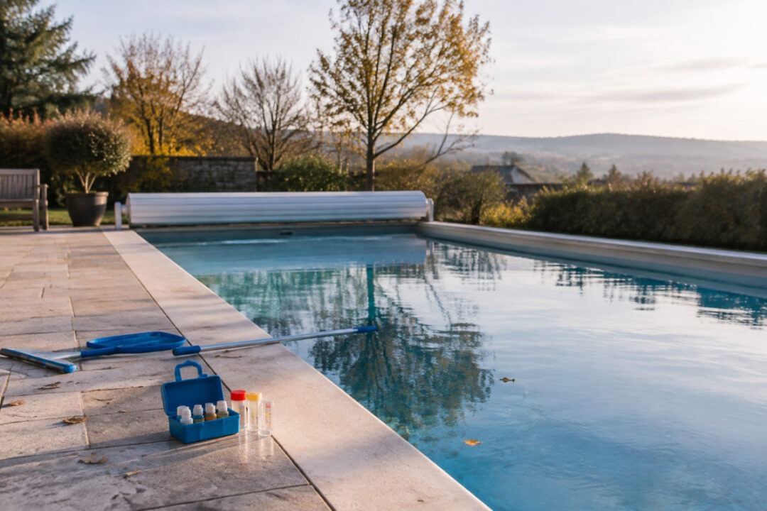 Thermomètre indiquant la temperature hivernage piscine près d’une eau calme