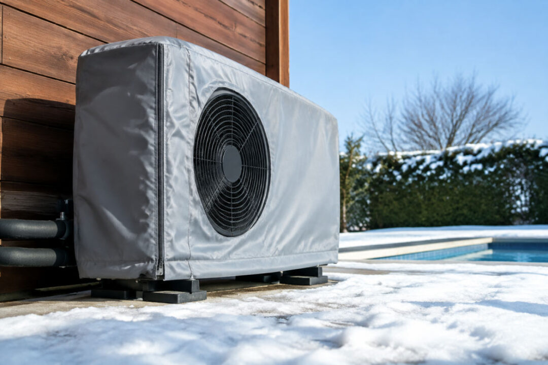 Hivernage pompe à chaleur piscine avec housse protectrice sous la neige