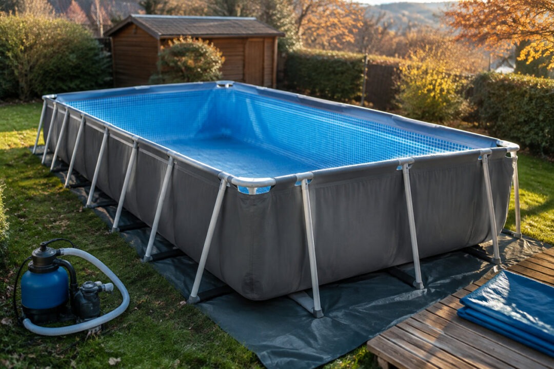 Hivernage piscine tubulaire avec bâche protectrice dans un jardin enneigé