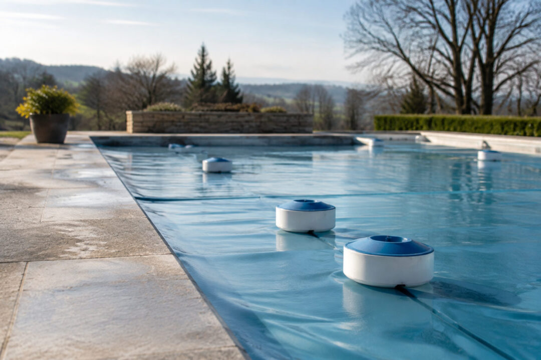 Flotteur hivernage piscine installé en diagonale pour protéger le bassin du gel