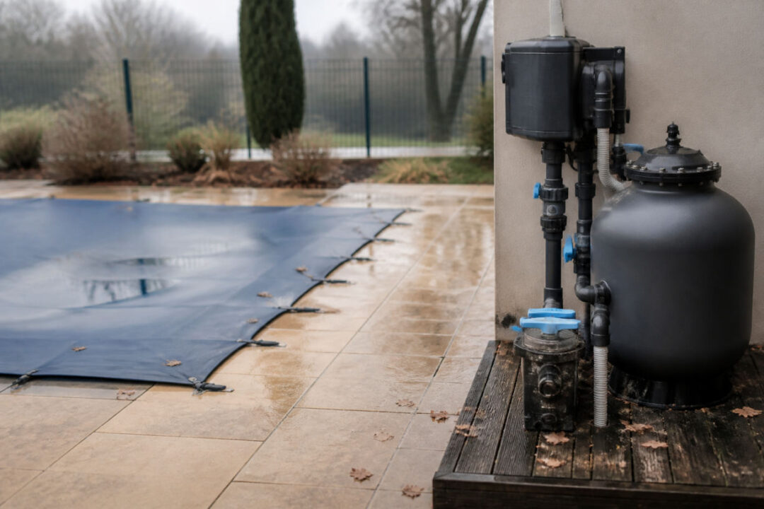 Bassin protégé sous une bâche étanche illustrant l'hivernage passif piscine avant les grands froids