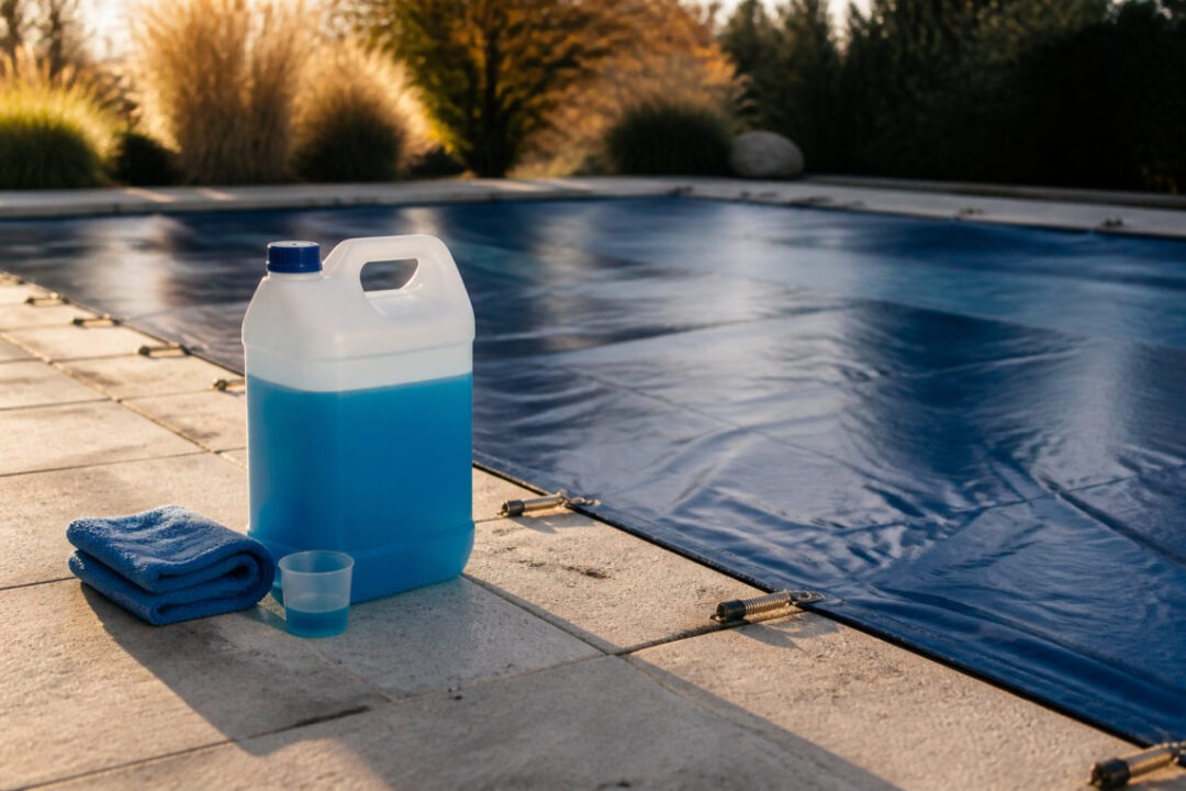 bidon de produit hivernage piscine au bord du bassin pour protéger l'eau en hiver