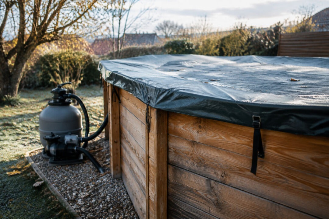 Hivernage piscine hors sol bois avec bâche protectrice avant les premières gelées